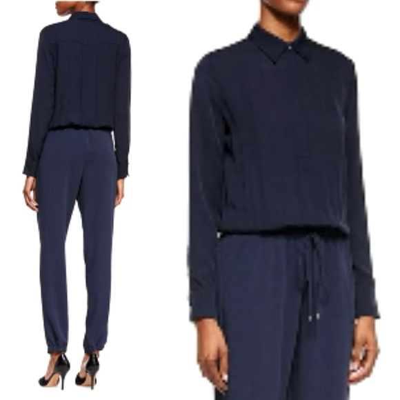 Vince Silk Mix Long Sleeve Jumpsuit Size 4 Dark Navy Button Down Slim Joggers - Picture 1 of 13